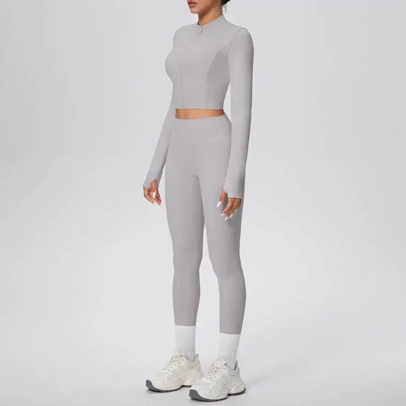 New Women Yoga Set Solid Color Double-Sided Brushed Bare Feel Short Long-Sleeve Jacket Tight Pants Running Fitness 2-Piece Set