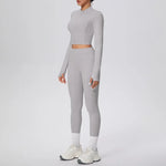 New Women Yoga Set Solid Color Double-Sided Brushed Bare Feel Short Long-Sleeve Jacket Tight Pants Running Fitness 2-Piece Set