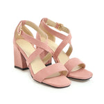 Big Size Casual Women Sandals Black Flock 7cm High Square Heels Peep Toe Summer Cross Buckle Strap Party Office Red Lady Sandals