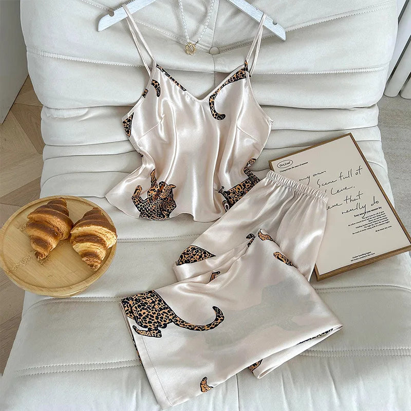 Summer Ice Silk Stain Comfortable Pajamas Set for Women 2pcs V Neck Leopard Print Tops and Long Pants Loungewear Sleepwear