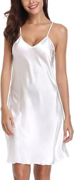 Women's Sexy Silk Satin Night Dress Sleeveless Nighties V-neck Nightgown Nightdress Plus Size Sleepwear Nightwear