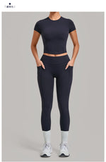 Women Tracksuit Yoga Sets Short Sleeve Slim Sports T Shirts Workout Clothes Outdoor Tight High Waist Pocket Pants Fitness Suits