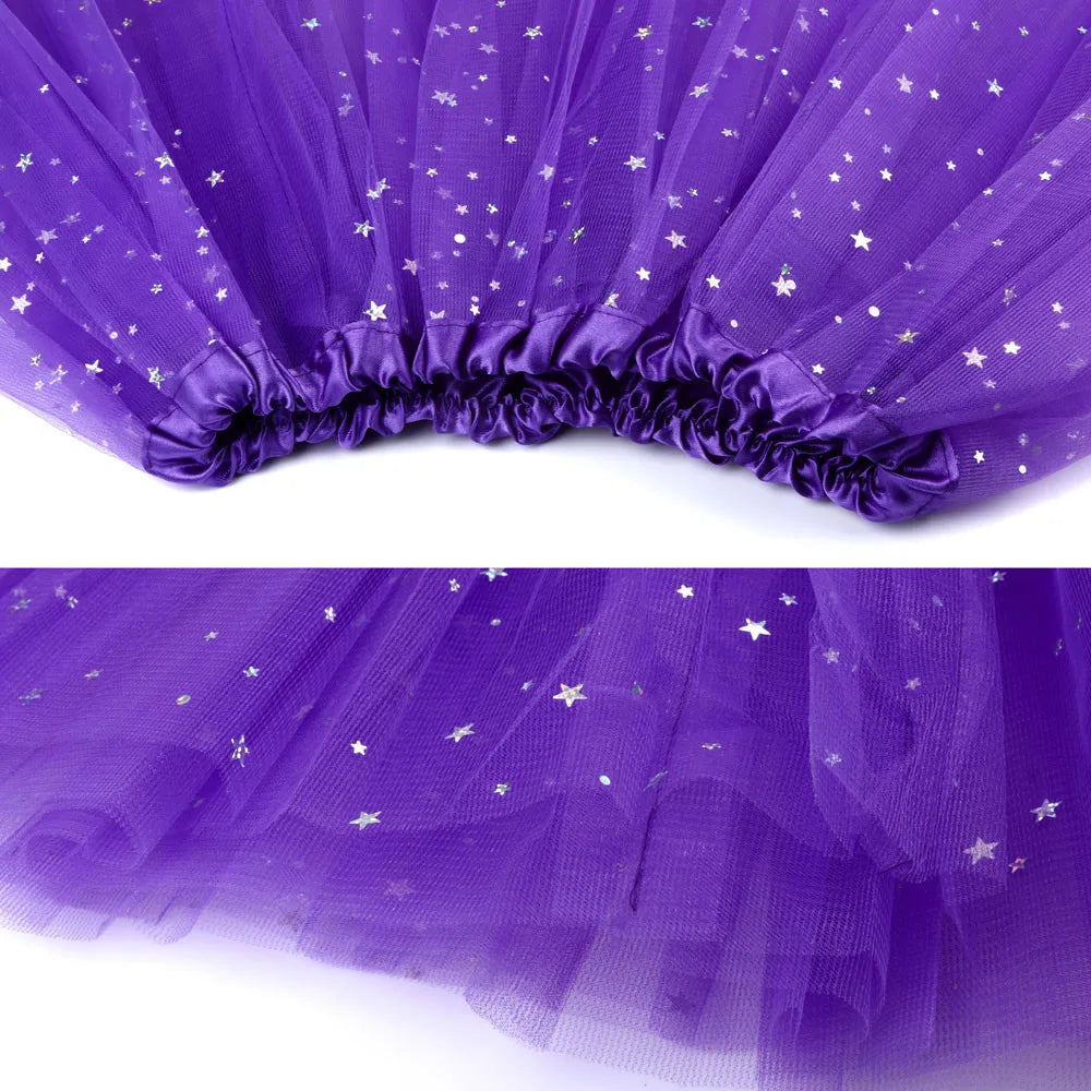 Womens Summer New Tulle Tutu Skirt Elastic Waist Silver Star Print Layered Mesh Mini Skirt Fluffy Carnival Party Dance Skirts