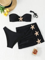 New White 3 Pieces Starfish Bandeau Bikini Set Swimsuit Women Swimwear with Sarong Skirts Dress Beach Wear Cut Out Bathing Suit