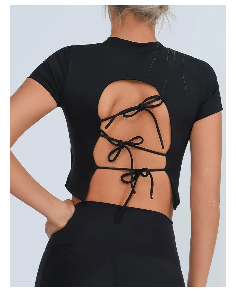 Yoga Short Sleeved T-shirt Women Hollow Back Bandage Tie Cross Sports Tank Top with Chest Gym Running Active Wear Fitness Shirts