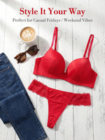 Women Red Lace Lingerie Set Floral Bra and low-rise thong Sheer Sexy Weekend Date Night Underwear J2527