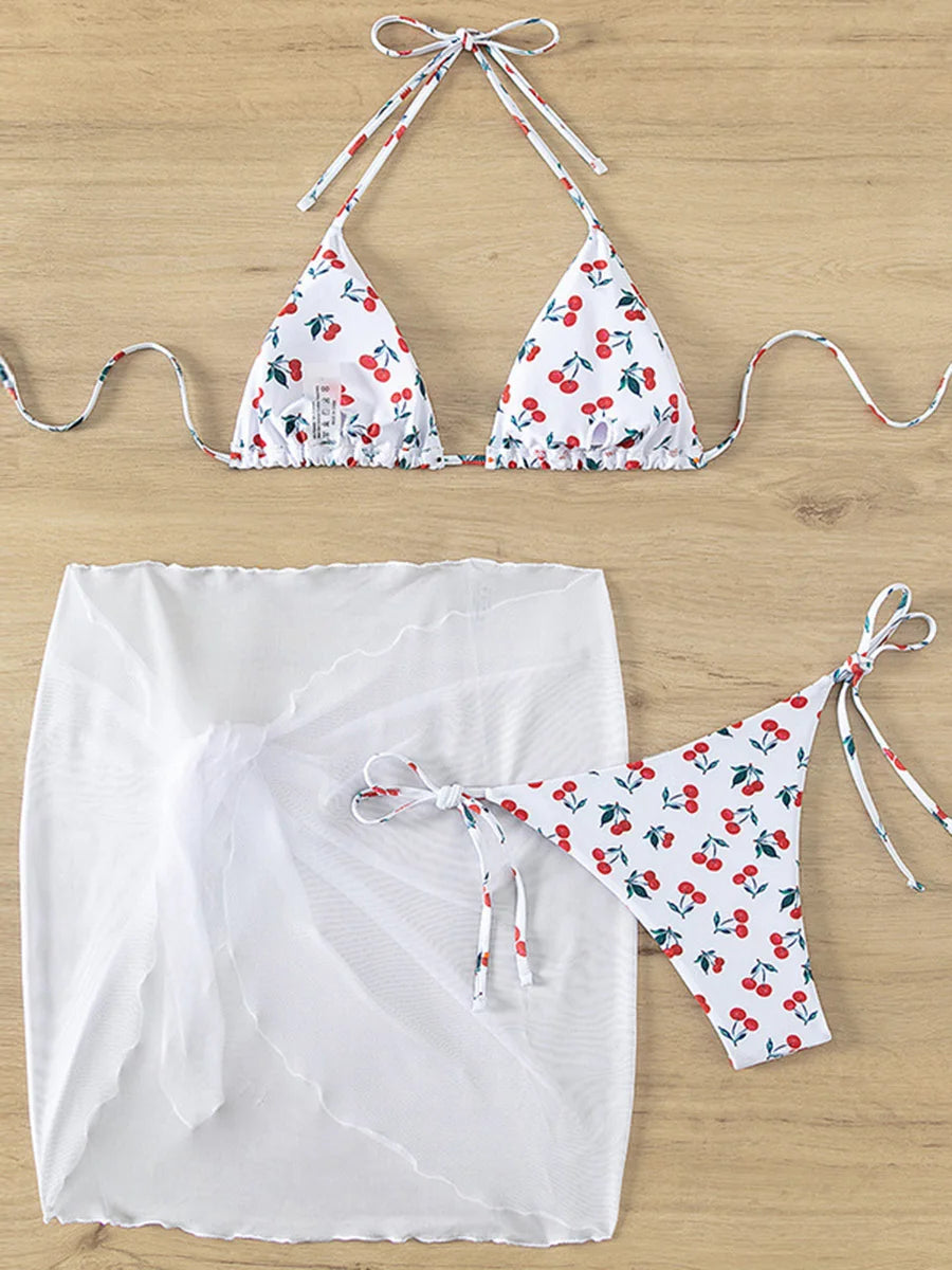 XS - L Cherry Print Halter Strappy Bikini Female Swimsuit Women Swimwear Two-pieces Bikini Set Tie Side Bather Bathing Suit Swim
