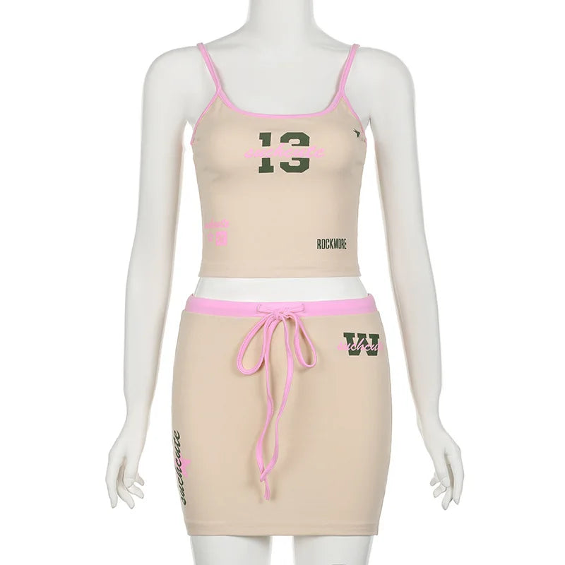 Hot Girl Two-piece Suit Printed Slimming Suspender Low Waist Drawstring Short Skirt Suit