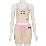 Hot Girl Two-piece Suit Printed Slimming Suspender Low Waist Drawstring Short Skirt Suit