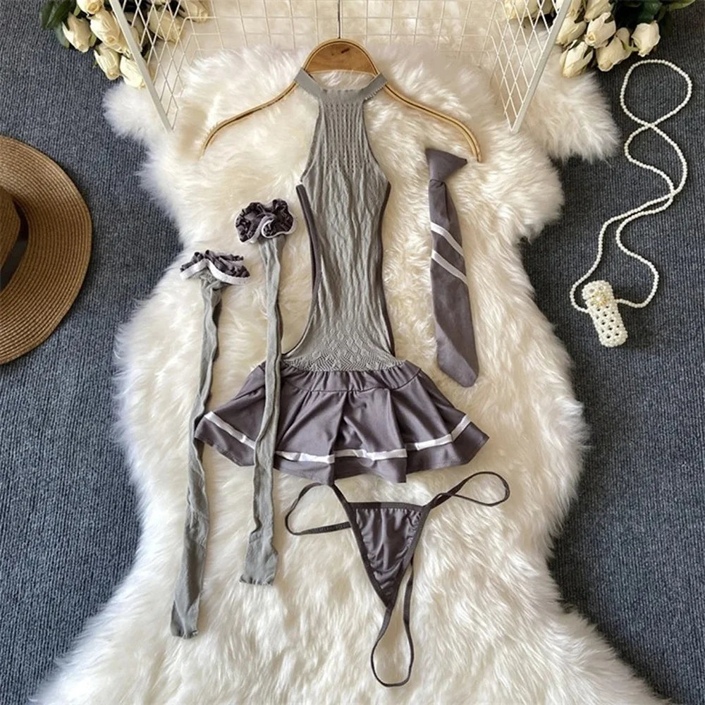 Cute LolitaMaid Bunny Costume Set With Apron Ruffle Cosplay VacationPerfect Halloween Outfit Halter Dress Set Outfit Style