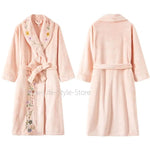 Elegant Bridal Premium Embroidered Coral Fleece Bathrobe for Ladies Thick Extra Long Warm Winter Home Dressing Gown Sleepwear