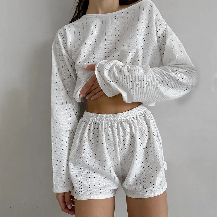 Womens Pointelle Knit Loungewear Set Casual Hollow Out Long Sleeve Crop Top and Shorts Two Piece Outfits Y2K Summer Homewear New