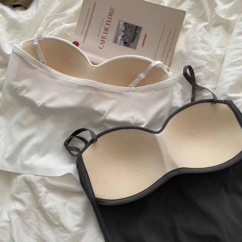 Women Tops With Built In Bra Ice Silk Tube Top Seamless Bra Femal Comfort Underwear Wirefree Padded Brassiere Sexy Crop Top