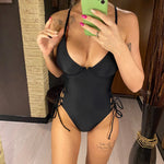 2024 New Sexy Lace Up Underwired One Piece Swimsuit Women Solid Swimwear Female Backless Monokini Bather Bathing Suit Swim Lady