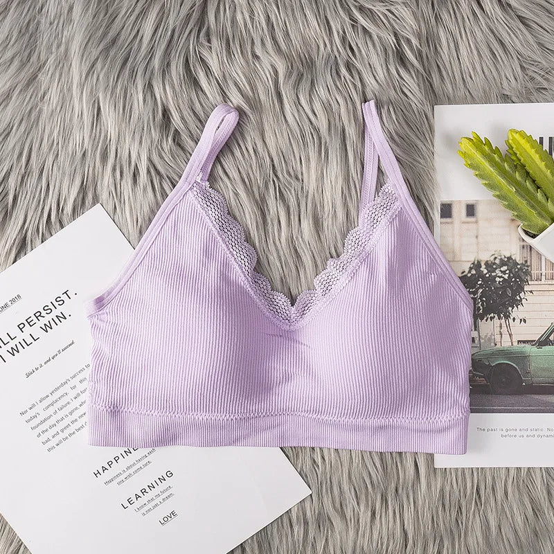 Women's Lace V Neck Rib Camisole Tube Top Bralette Criss Cross Back Removable Foam Pads Wireless Thin Straps Tube Bra