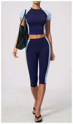 Color Blocking 2PCS Yoga Set Women's Tracksuit Short Sleeve O Neck Sports T Shirts High Waist Cropped Pants Tight Fitness Suits