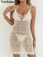 Crochet Knitted Hollow Out Halter Mini Dress Tunic Beach Cover Up Cover-ups Beach Dress Beach Wear Beachwear Female Women V8210