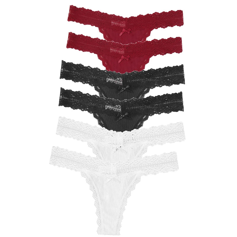 6pcs/Set Perspective Floral Panties Women Lace Thongs Low Waist Comfortable Solid Ladies G-string Bow Female Sexy Underwear