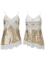Women Sequin Camisole Tops Spaghetti Strap V Neck Lace Trim Loose Fit Tank Tops Summer Daily Casual Elegant Vest Streetwear