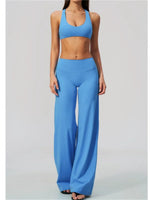Summer 2 Piece Yoga Sets Women Tight Back Cross Sports Bra High Waist Peach Hip Wide Leg Pants Gym Running Fitness Workout Suits
