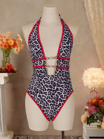 Sexy Red Leopard Print Contrast One Piece Swimsuit 2026 Women Pearls Hollow Out Deep V Neck Backless Slim Bathing Suit Swimwear