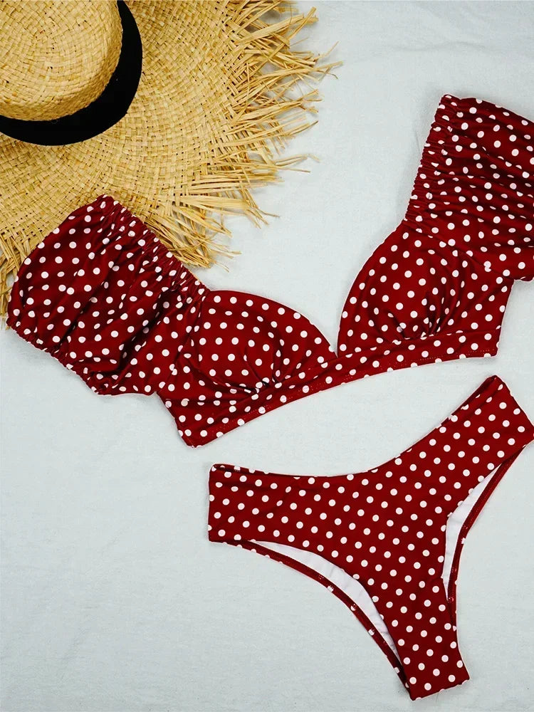Sexy V Neck Short Sleeve Bikinis Polka Dot Bikini Female Swimsuit Women Swimwear Two-pieces Bikini Set Bather Bathing Suit Swim