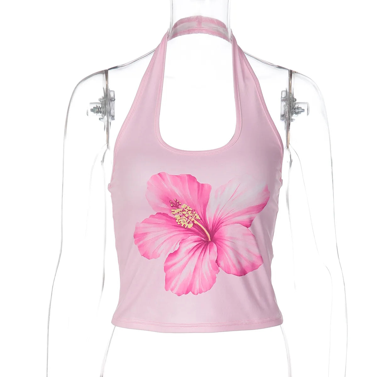 FDYOUI 2026 Summer Flower Print Pink Tank Tops for Women Casual Sexy Backless Crop Top Girls Sleeveless T-shirt Y2K Streetwear