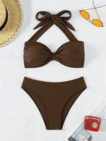 Sexy Front Tie Bikini Set Women Brown Halter Push Up Padded Micro Swimsuit 2025 Summer Bathing Suit High Waist Swimwear Biquini