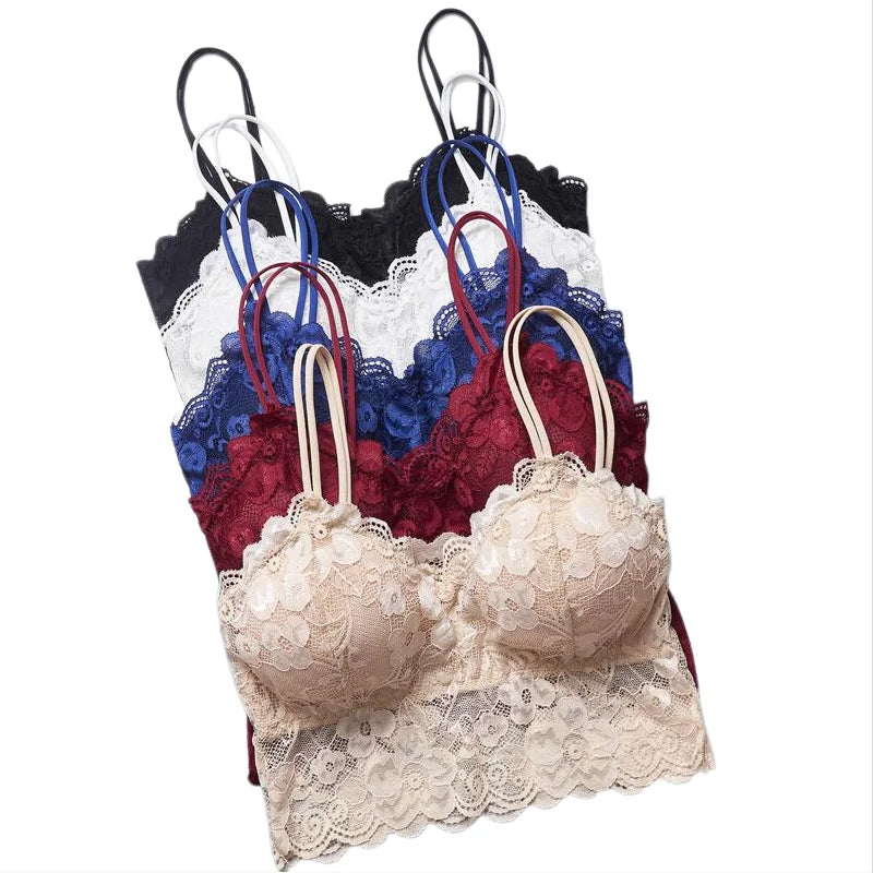 Women's Embroidery Lace Strap Vest Bralette Sexy Back Design No Wireless Push-up Detachable Breast Pads Included