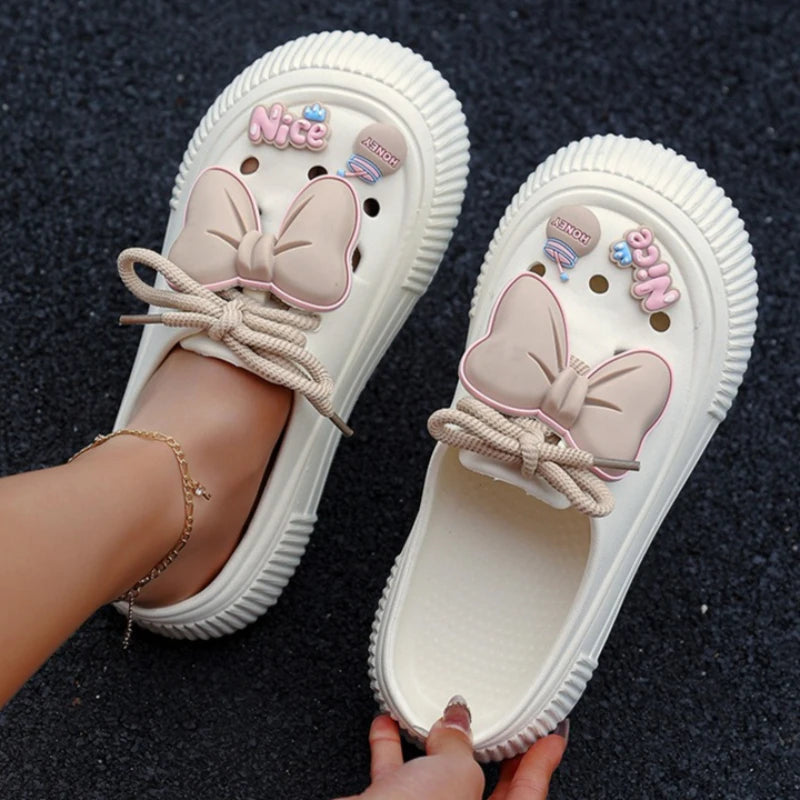 Women Fashion Clogs DIY Cute Bowknot Summer Platform Shoes Female Home Street Slippers Soft EVA Close Toe Girls Beach Sandals