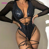 DEKA Mesh Long Sleeve Swimwear Woman Bandage Snakeskin Print Cross One Piece Swimsuit Cut Out Bikini Bathing Suit