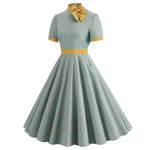 Retro Women's Plaid Dress Stand Neck Short Sleeve Cotton Dresses Lace Up Bow Tie Pleated Swing Vestidos Vintage Court Dresses