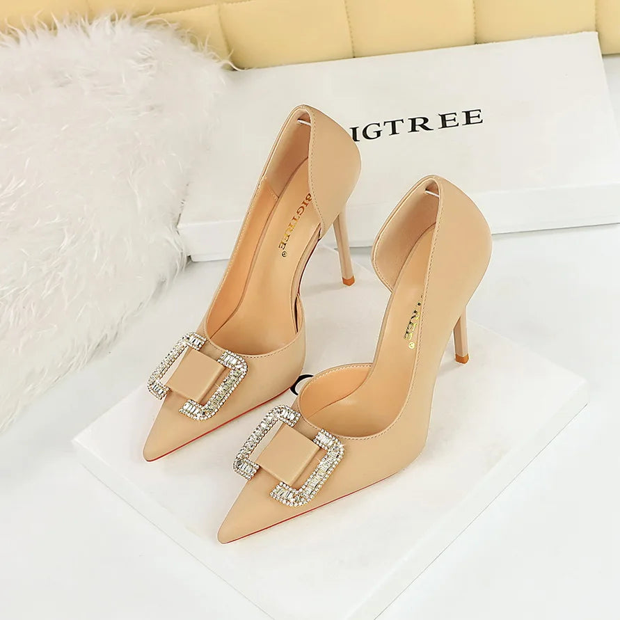 BIGTREE Pumps Elegant Pointed Crystal Buckle Slim High Heel Single Shoes Women Silk Spring/Summer High Heel Pumps Wedding Dress