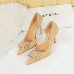 BIGTREE Pumps Elegant Pointed Crystal Buckle Slim High Heel Single Shoes Women Silk Spring/Summer High Heel Pumps Wedding Dress