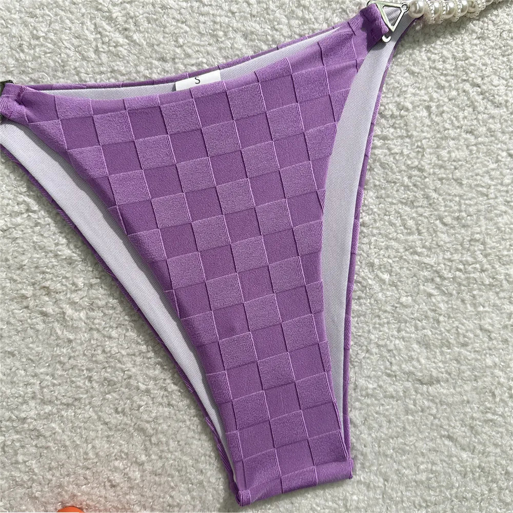 Light Purple Swimwear Pearl String Halter Micro Bikini Thong 2026 Sexy Swimsuit Women Bathing Suit Triangle Bikinis Sets Mujer