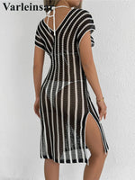 S - XL Striped Short Sleeve Crochet Knitted Tunic Beach Cover Up Cover-ups Beach Dress Beach Wear Beachwear Female Women V8349