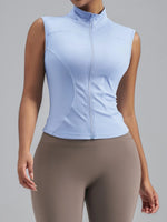 Women Zipper Yoga Shirts Solid Stand Up Collar Elastic Slim Fit Sports Jacket Breathable Sleeveless Sunscreen Workout Clothes