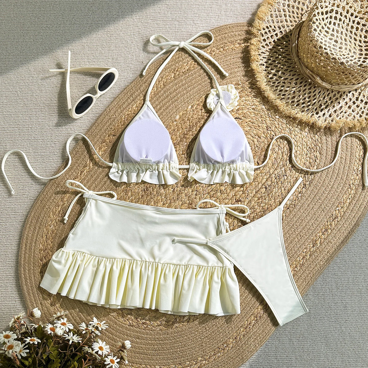 Sexy Ruffles Cover Up 3 Piece Bikinis Sets Women Black White 3D Floral Push Up Bra Thong Swimsuit Bathing Suit Swimwear 2026