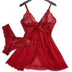 Floral Lace Split Sexy Babydoll Semi-sheer Deep V Bow Ruffle Dress And Panties Underwear Sets Women's Erotic Lingerie Nightgown
