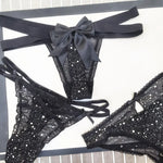 Sexy Women's Thong Erotic Cross Hollow T Pants Starry Sky Shiny Sequins Black Mesh Transparent Bow Perspective Briefs Lingerie
