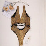 Sexy Gold Snake Print Shiny Swimwear Cut Out Monokini One Piece Swimsuits Women 2025 String Cross Bathing Swimming Suit Bodysuit