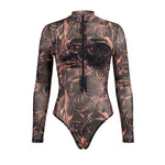 S - XXL New Leaves Printed Long Sleeve With Zipper Pants One Piece Swimsuit Women Swimwear Female Bather Bathing Suit Swim V8355