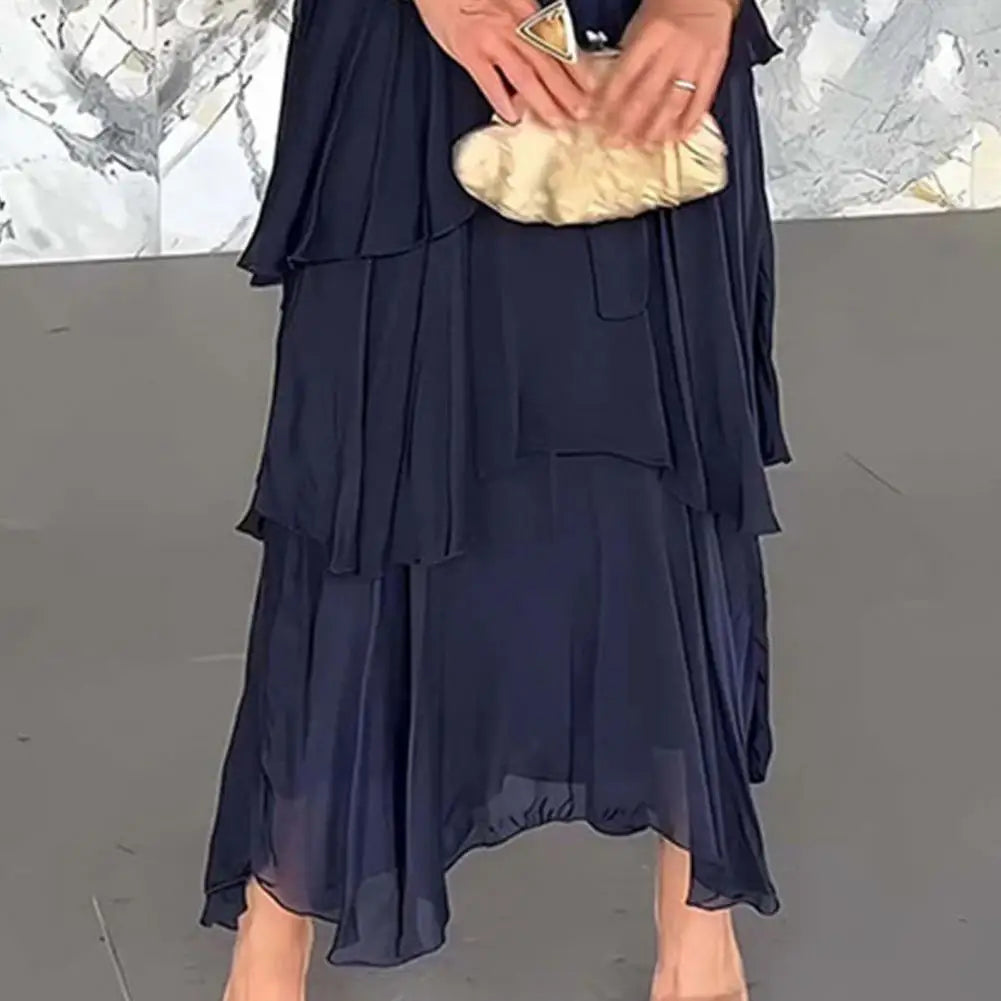 Women's Flowy Chiffon Wedding Guest Dress Ruffle Half Sleeve Empire Waist Ruched Wrap Dress V Neck Tiered Swing Dresses