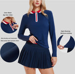 VITALINOVO Tennis Skirt Sets for Women Zipper Color Block Shirts High Waisted Golf Polo Two Piece Skirt Set Women 2 Piece Outfit