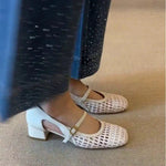 French Single Shoes Women Spring Summer Cutout Woven Square Toe Kitten Heel Block Heel Off-White Sandals