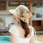 Women's Organza Flower Sun Hat Wide Brim Bucket Cap Wedding Church Dress Hat Fascinator Bridal Tea Party Hat