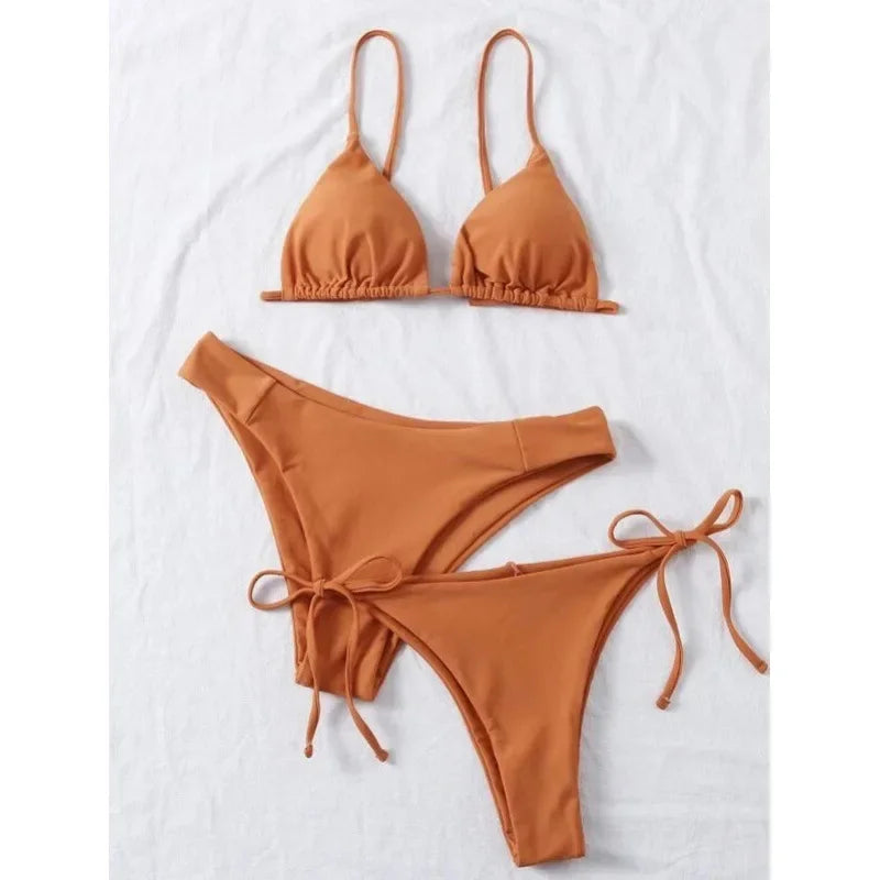 Sexy 3 Piece Bikini Set Women Solid Blue Purple Push Up Bandage Triangle Swimsuit Brazilian Beach Bathing Suit Swumwear Biquini