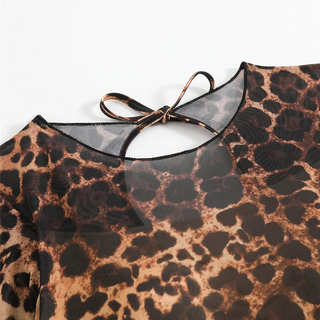 S - XXL 2026 Leopard With Skirt Long Sleeve One Piece Swimsuit Women Swimwear Female High Cut Leg Bather Bathing Suit Swim V7352