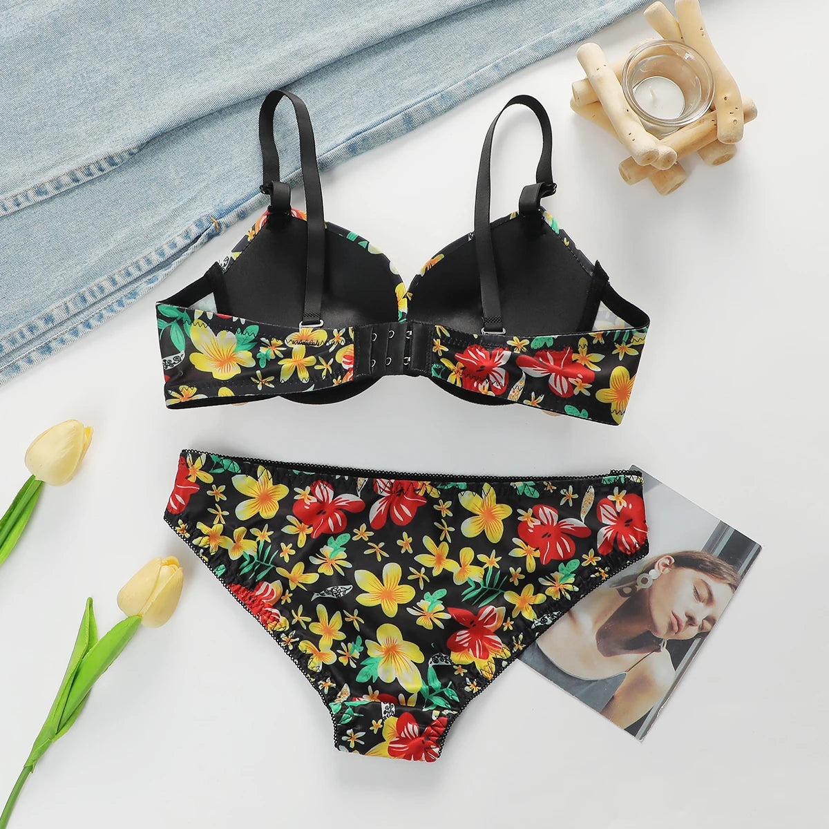 Women's Sexy Embroidered Flower Underwear Set with Steel Hoop Gather Push Up Comfortable Close fitting Bra Set J0124
