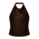 Women Summer Halter Neck Vest Sleeveless Open Back Solid Color Satin Tank Tops